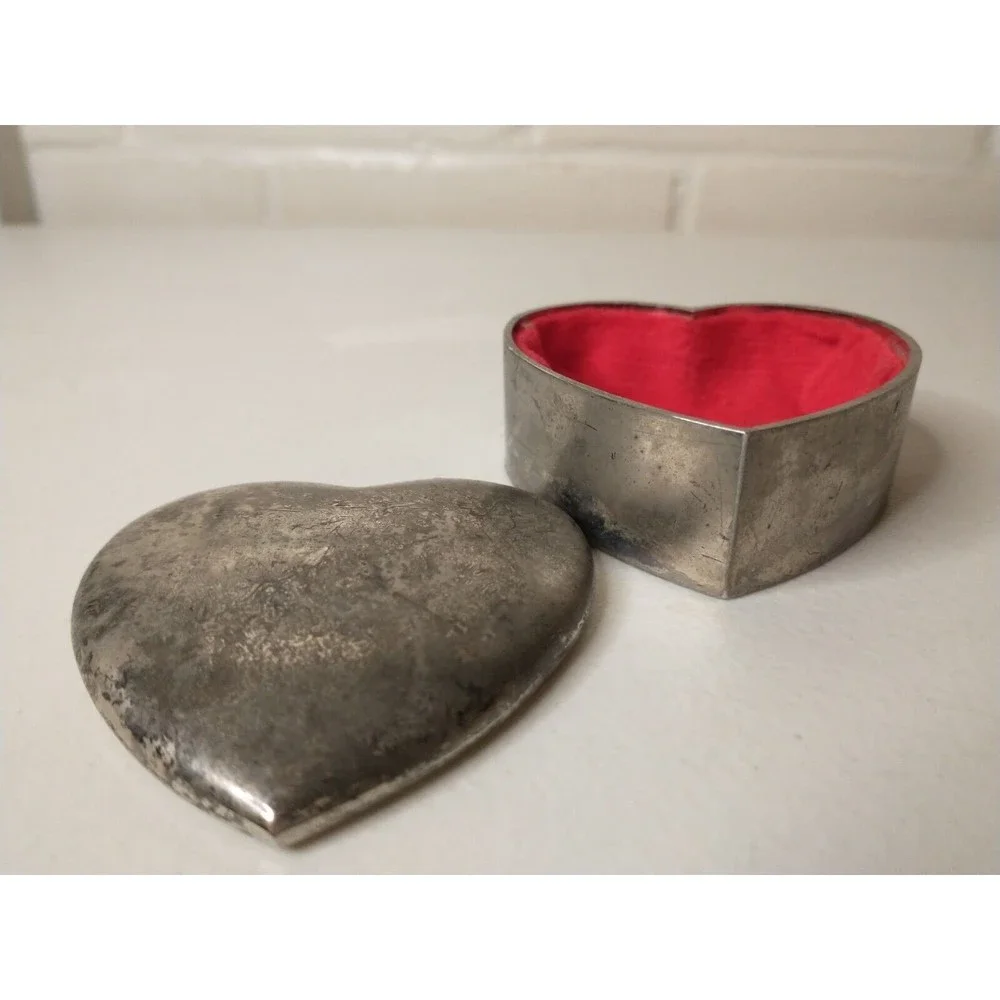 Heart Shaped Vintage Trinket Jewelry Box Silver Toned Red Lined